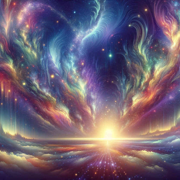 Cosmic Awakening paint by numbers with vibrant reds, blues, and golds, depicting an abstract galaxy merging with bright stars and sparkling lights.