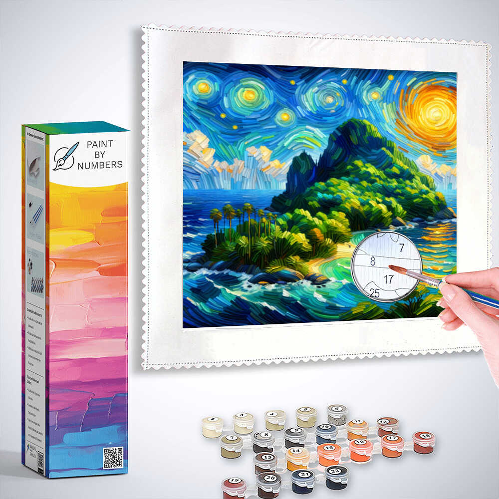 Paint by Numbers kit for "Starry Night over Paradise" featuring a vibrant island scene with swirling skies and lush greenery.