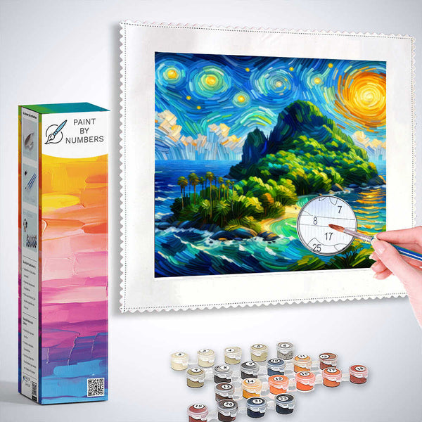 Paint by Numbers kit for "Starry Night over Paradise" featuring a vibrant island scene with swirling skies and lush greenery.