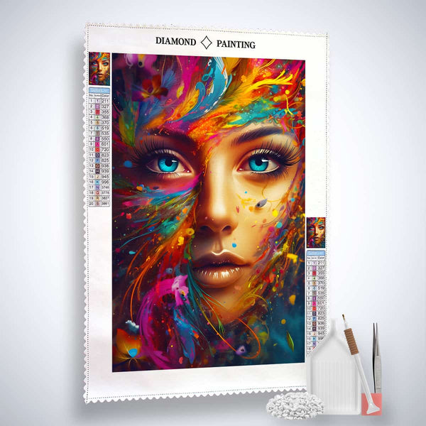 AB Diamond Painting - Colorful Woman kit with canvas, acrylic diamonds, tweezers, and application pen - Paint by Numbers art.