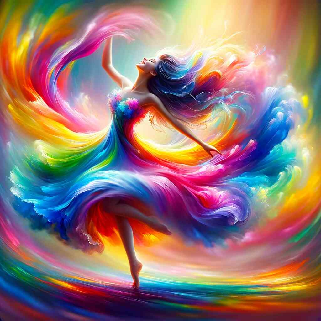 Paint by Numbers - Dance of Life, vibrant dancing figure in colorful swirling background, modern expressionism and fantasy art.