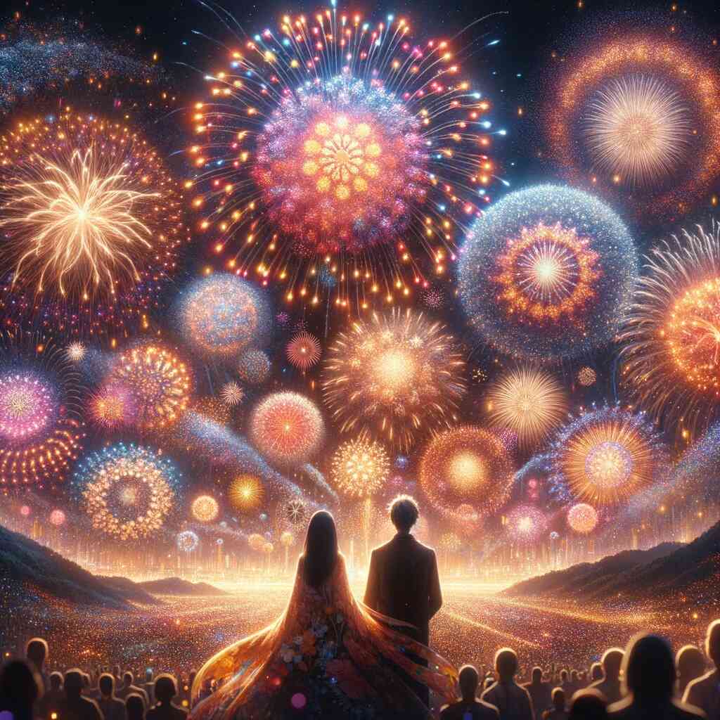 Paint by Numbers - fireworks of emotions featuring a couple watching colorful fireworks in the night sky with a crowd in awe.