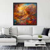 Diamond Painting - Miss in Nature artwork displayed above a modern white sofa in a cozy living room setting.