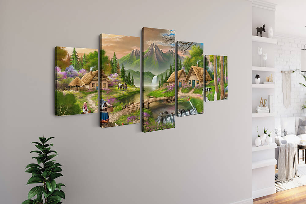 Malen nach Zahlen 5 teilig - Kleines Bergdorf am Waldrand - hochwertige Leinwand - multi5, neue_bilder