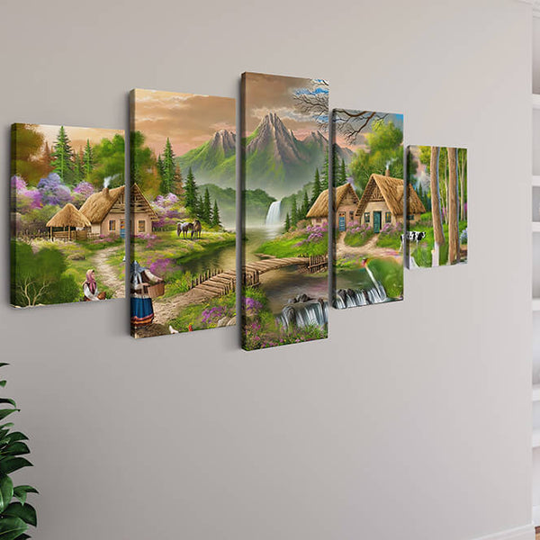 Malen nach Zahlen 5 teilig - Kleines Bergdorf am Waldrand - hochwertige Leinwand - multi5, neue_bilder