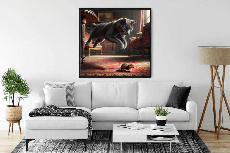 Paint by Numbers - cat leaping to catch a mouse in a sunlit Victorian room with red carpet, photorealistic painting.