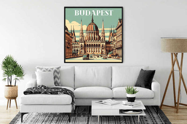Paint by Numbers - Magische Metropole: Budapest mural featuring the iconic Parliament building in sepia tone, displayed in a modern living room.