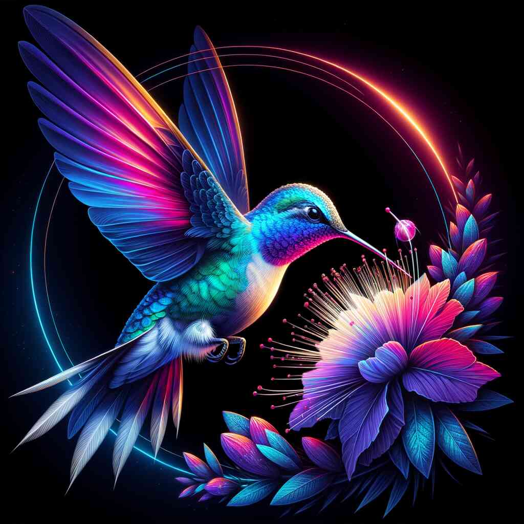 Diamond painting of a colorful hummingbird with neon wings against a black background, feeding from a vibrant purple flower. Paint by Numbers.