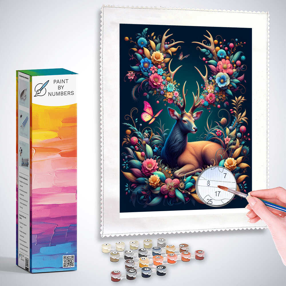 Deer with flower antlers, butterfly - Paint by Numbers