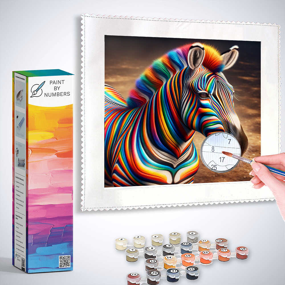 Paint by Numbers kit featuring a colorful zebra with vibrant, abstract patterns, painting process shown with paints and brush.