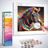 Paint by Numbers kit featuring a colorful zebra with vibrant, abstract patterns, painting process shown with paints and brush.