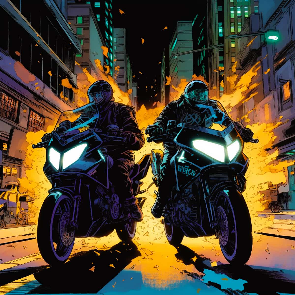 Two motorcyclists in dark gear speeding through a city street at night with fiery explosions in the background.