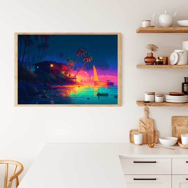 AB Diamond Painting - Beach Party displayed in a kitchen, featuring a vibrant sunset with palm trees and boats. Paint by Numbers art that sparkles.