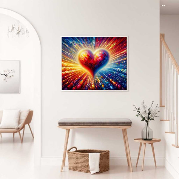 Diamond painting with a heart motif in vibrant red, yellow, and blue colors, symbolizing romance and love. Perfect paint by numbers artwork.