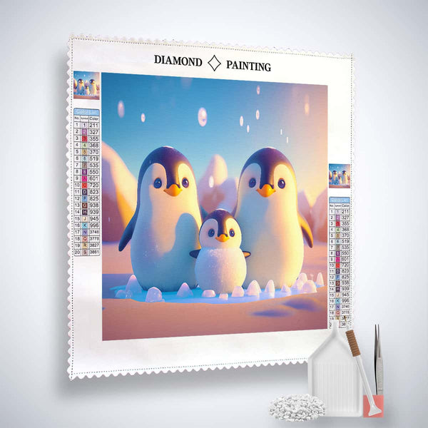 Diamond Painting Kit - Penguin Family with Canvas, Acrylic Diamonds, Tweezers, and Application Pen - Paint by Numbers Art