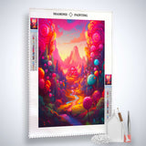 AB Diamond Painting Lollipop World kit with canvas, acrylic diamonds, tweezers, and pen; colorful landscape of lollipop forest. Paint by Numbers.