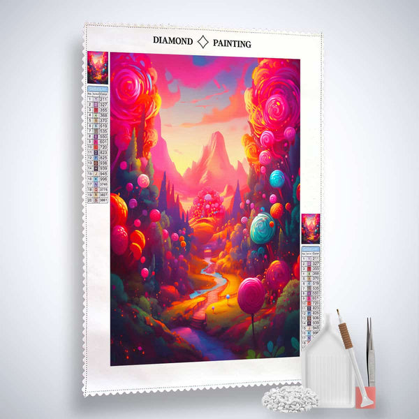 AB Diamond Painting Lollipop World kit with canvas, acrylic diamonds, tweezers, and pen; colorful landscape of lollipop forest. Paint by Numbers.