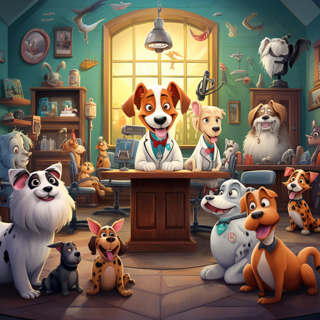 Paint by Numbers - Veterinarian comic scene with animated animals dressed as veterinarians and pets in a colorful veterinary clinic.