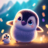 Diamond Painting of a peaceful penguin with a child in a sparkling art design, perfect for Paint by Numbers enthusiasts.