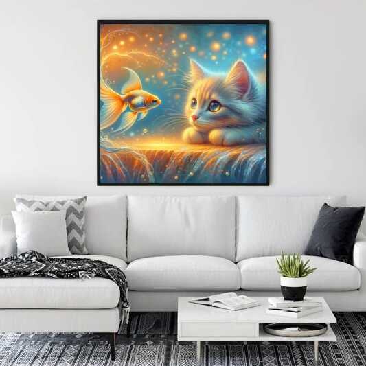 Cat watching a goldfish in an enchanting, softly lit painting with orange and blue tones, displayed above a modern white sofa in living room.