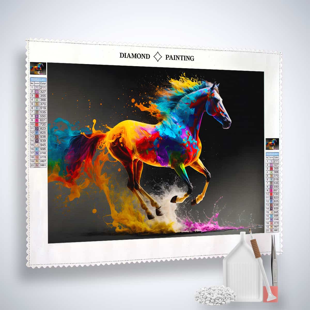 AB Diamond Painting - Colorful Horse featuring a vibrant horse design with enhanced acrylic diamonds, canvas, application pen, and tweezers. Paint by Numbers.