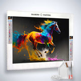AB Diamond Painting - Colorful Horse featuring a vibrant horse design with enhanced acrylic diamonds, canvas, application pen, and tweezers. Paint by Numbers.