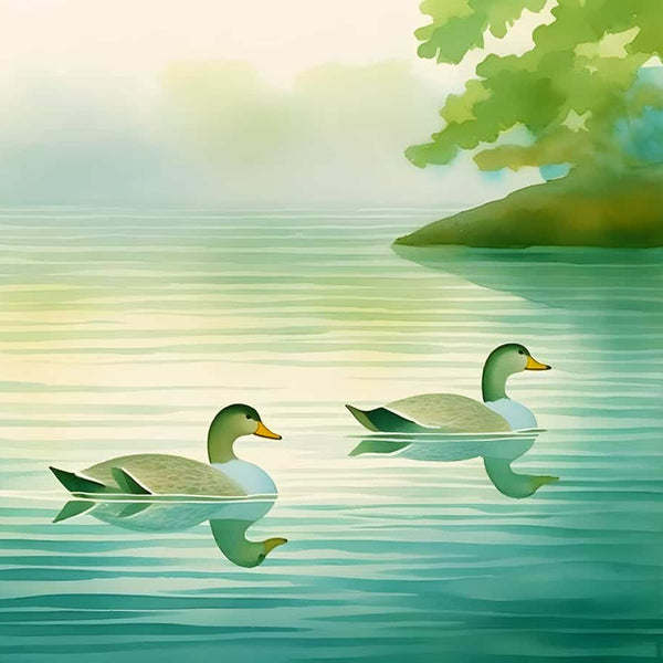 Two ducks swimming on serene lake with trees in background, part of Diamond Painting - Duck Lake Paint by Numbers kit.
