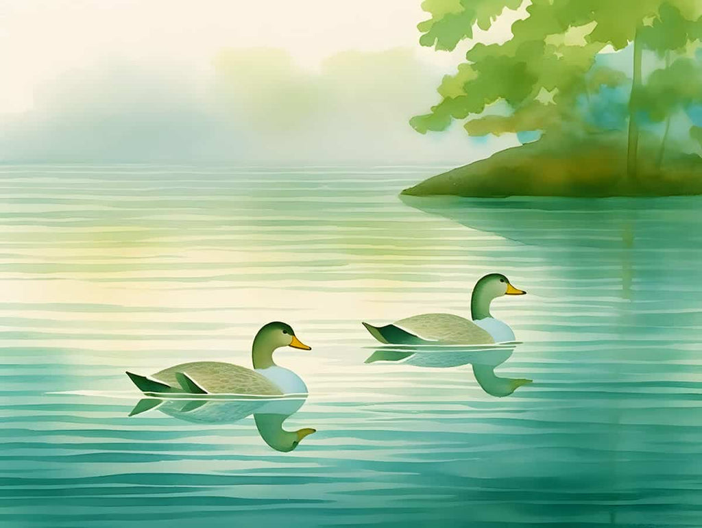 Two ducks swimming on serene lake with trees in background, part of Diamond Painting - Duck Lake Paint by Numbers kit.