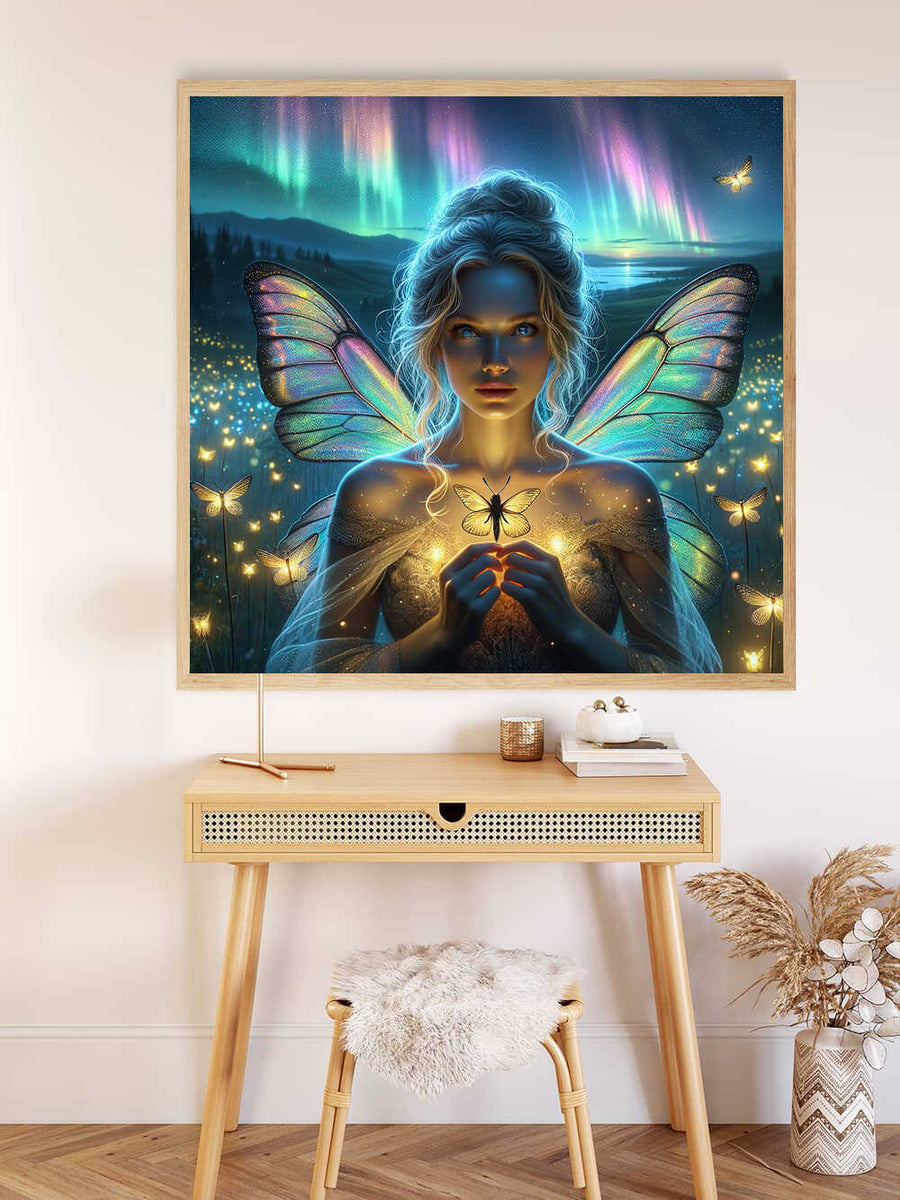 Paint by Numbers - Whispers of the Night Fairies canvas with a detailed fairy, iridescent wings, and luminous butterflies in blue and green hues