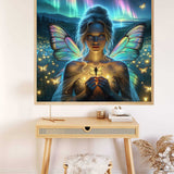 Paint by Numbers - Whispers of the Night Fairies canvas with a detailed fairy, iridescent wings, and luminous butterflies in blue and green hues
