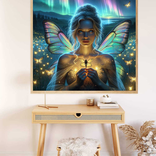 Paint by Numbers - Whispers of the Night Fairies canvas with a detailed fairy, iridescent wings, and luminous butterflies in blue and green hues