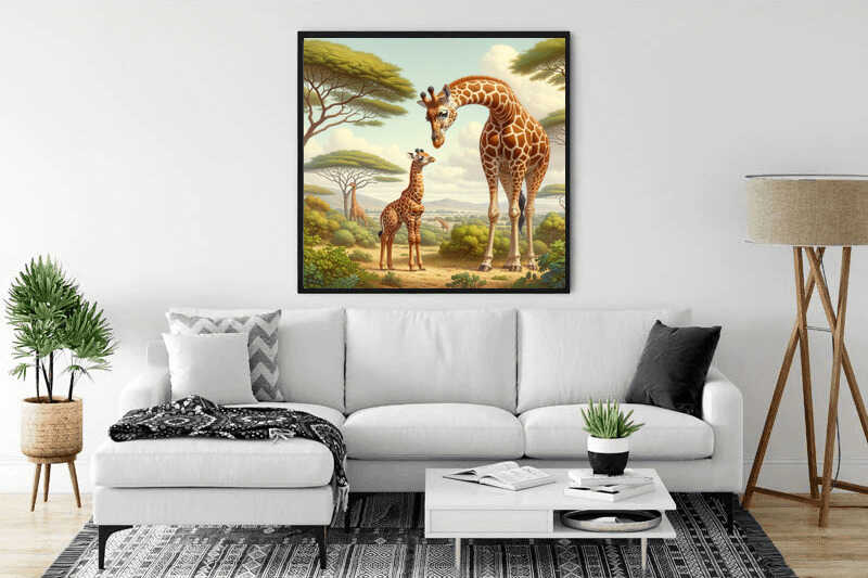Paint by Numbers - Magic of the Savannah artwork on a wall above a white couch in a modern living room.