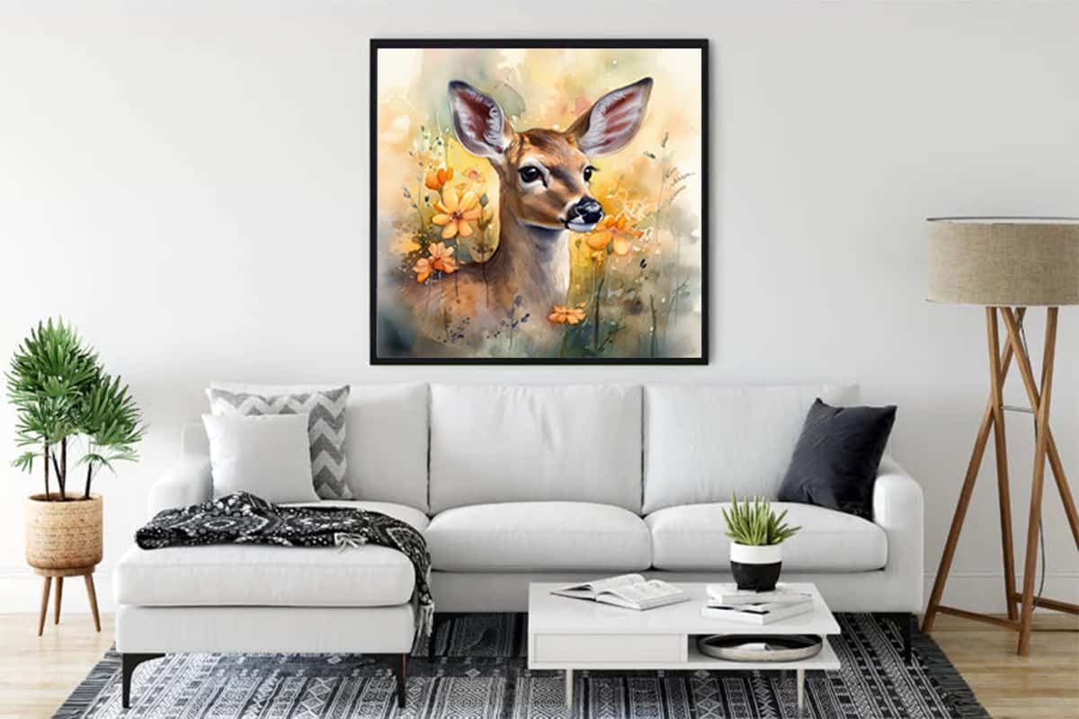 Magic Deer Diamond Painting hanging in modern living room with white sofa and stylish decor. Paint by Numbers art.