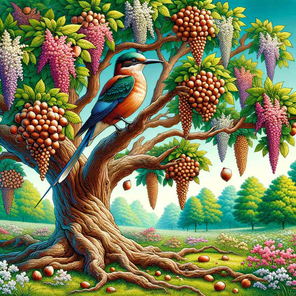 Paint by Numbers - Majestic kingfisher on ancient tree amidst lush greenery and exotic fruits with vibrant colors and incredible detail