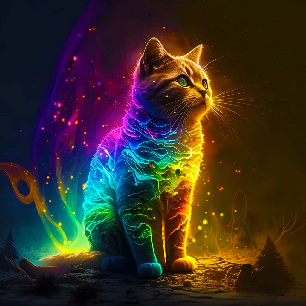 Neon cat in space diamond painting, vibrant colors and sparkling details, part of AB Diamond Painting Kits, Paint by Numbers art project