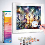 Paint by Numbers kit with a cosmic transformation scene featuring vibrant colors, human silhouettes, and iridescent patterns.
