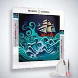 Diamond Painting - Rough Sea Paperart Turquoise kit with canvas, acrylic diamonds, tweezers, and application pen, paint by numbers style.