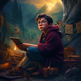 Boy reading book in cave with mountains in background – Diamond Painting Kits – Paint by Numbers