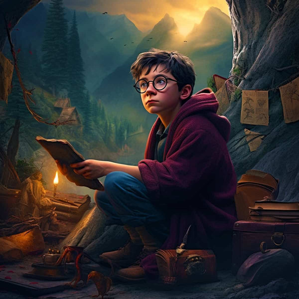 Boy reading book in cave with mountains in background – Diamond Painting Kits – Paint by Numbers