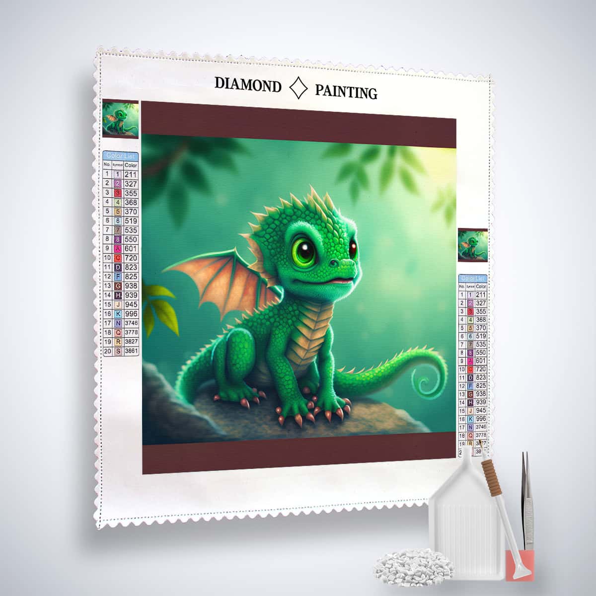 Diamond Painting Kit featuring a cute green dragon with wings, acrylic diamonds, artist's tweezers, and application pen included