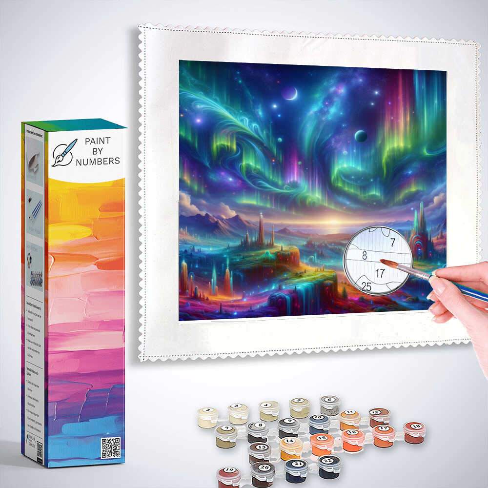 Paint by Numbers - Cosmic Awakening painting kit featuring vibrant fantasy landscape with mystical skies and flowing waterfalls.