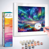 Paint by Numbers - Cosmic Awakening painting kit featuring vibrant fantasy landscape with mystical skies and flowing waterfalls.