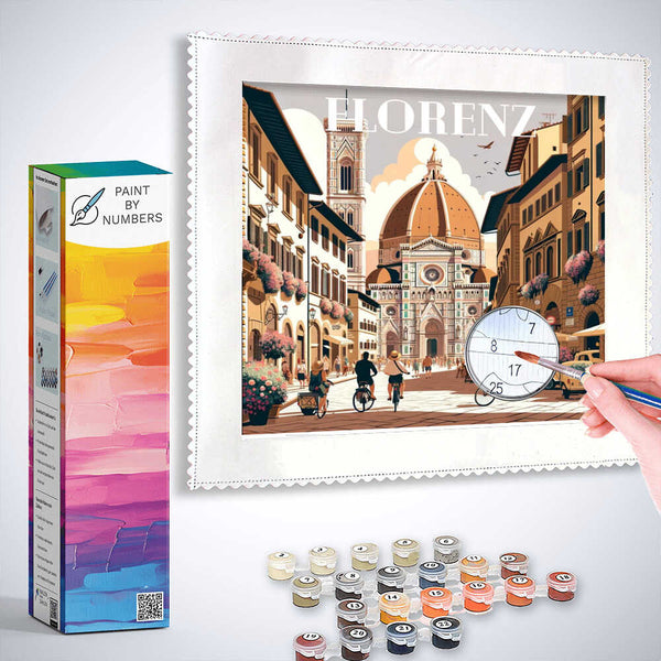 Paint by Numbers kit - Florentine Sunshine depicting Florence streets and Duomo with paint and brush in hand.
