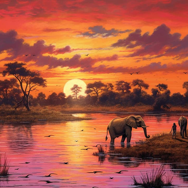 Africa, sunset with river - Paint by Numbers