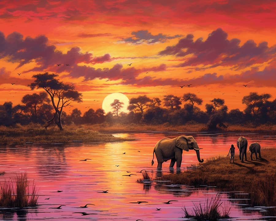 Africa, sunset with river - Paint by Numbers