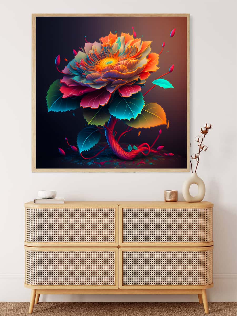 Diamond Painting - Sunshine Flower artwork displayed on a wall above a wooden cabinet. Paint by Numbers kit included.