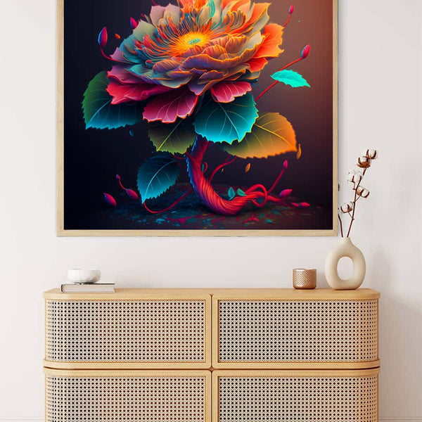 Diamond Painting - Sunshine Flower artwork displayed on a wall above a wooden cabinet. Paint by Numbers kit included.