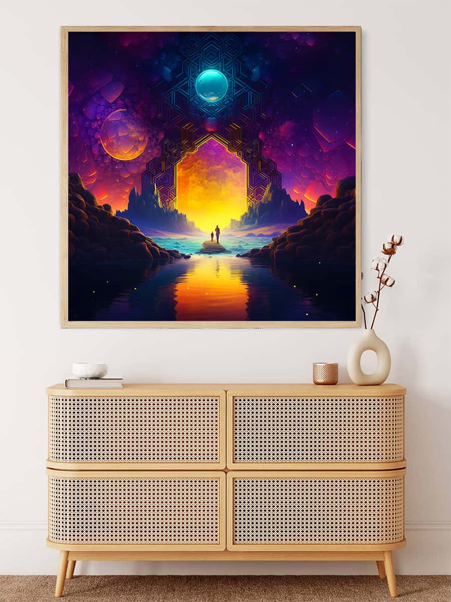 Diamond painting kit featuring a father and child at sunset with vibrant colors, displayed above a wooden dresser. Paint by Numbers art.