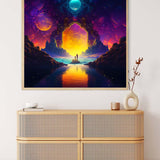 Diamond painting kit featuring a father and child at sunset with vibrant colors, displayed above a wooden dresser. Paint by Numbers art.