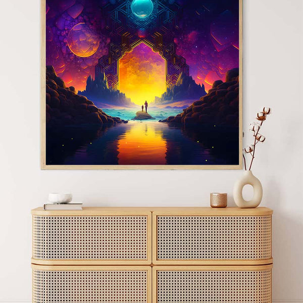 Diamond painting kit featuring a father and child at sunset with vibrant colors, displayed above a wooden dresser. Paint by Numbers art.